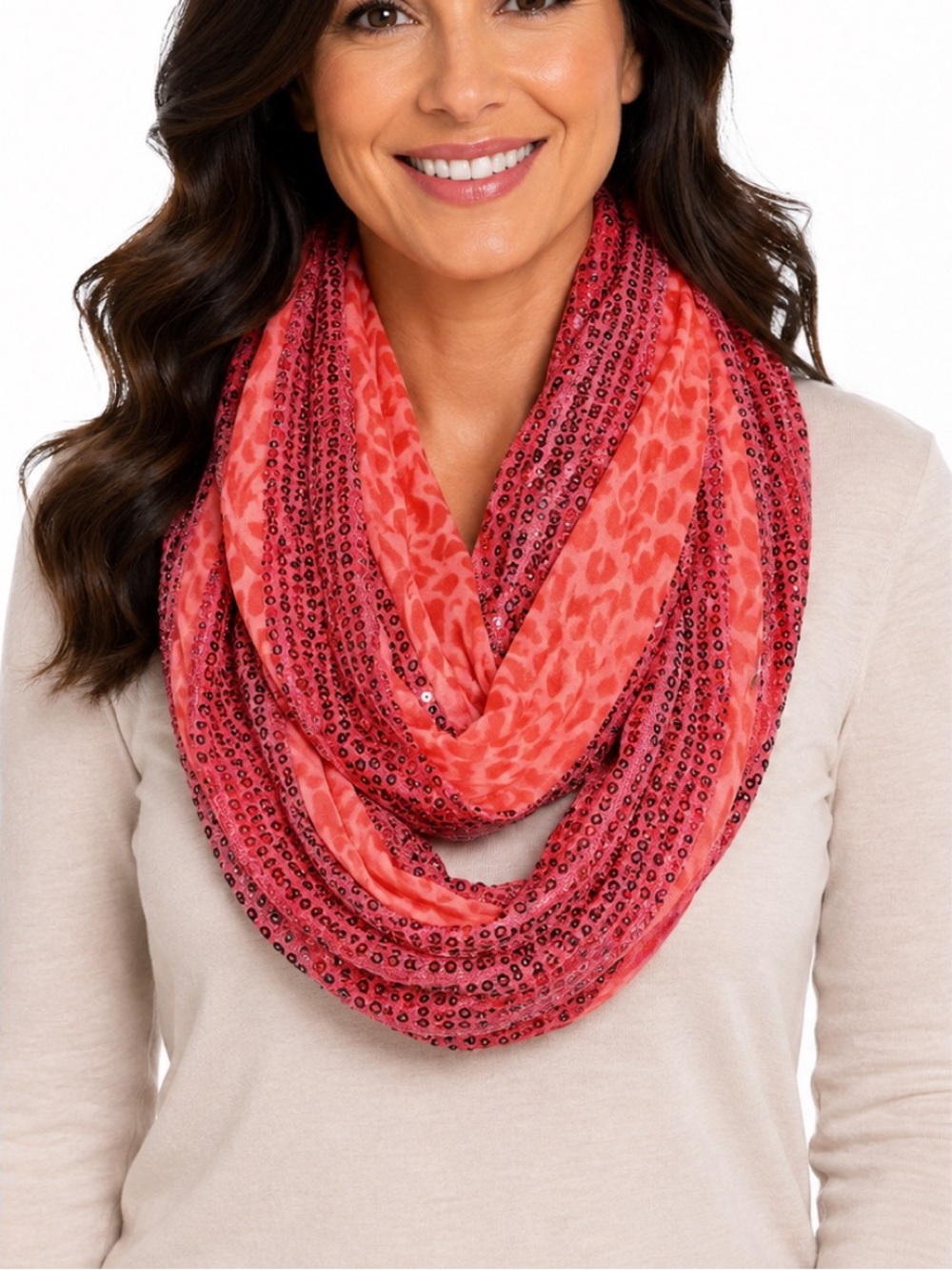 Vanity Coral animal-print-inspired accents and rows of small sequin-like details